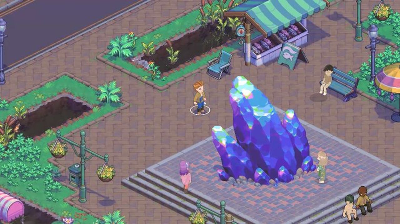 Official Moonfrost screenshot: villagers, market stalls and a fountain in the village square